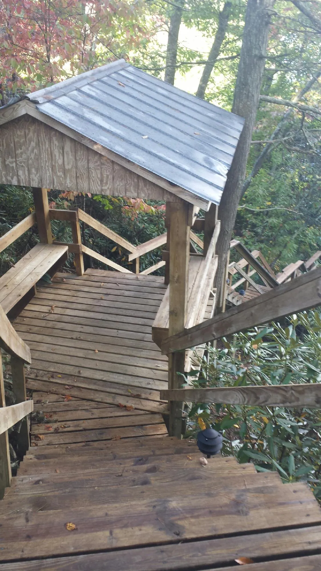 Metal roofed shelter over wooden steps on a wooded walkway — Skylight Repair & Installation work by our crew in Vermontville
